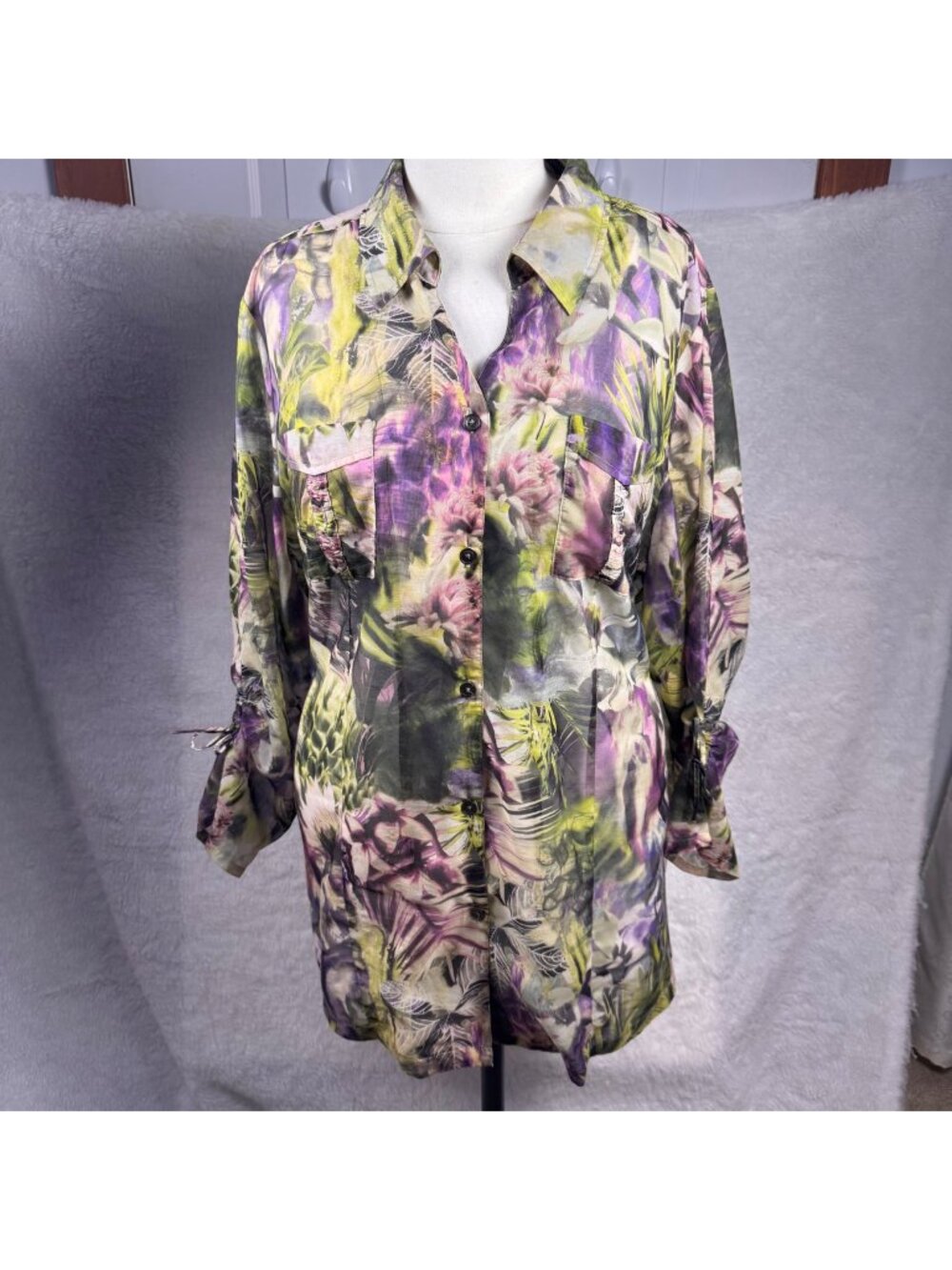 CJ Banks plus size 3X Floral Tunic blouse Sheer Multicolor artsy art to wear